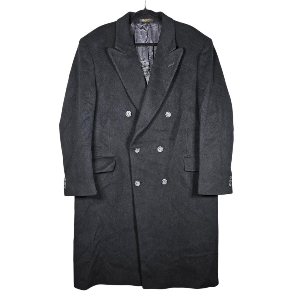 VTG Di Silver Coat Mens 46 Black Cashmere Blend Double Breasted Overcoat Italy